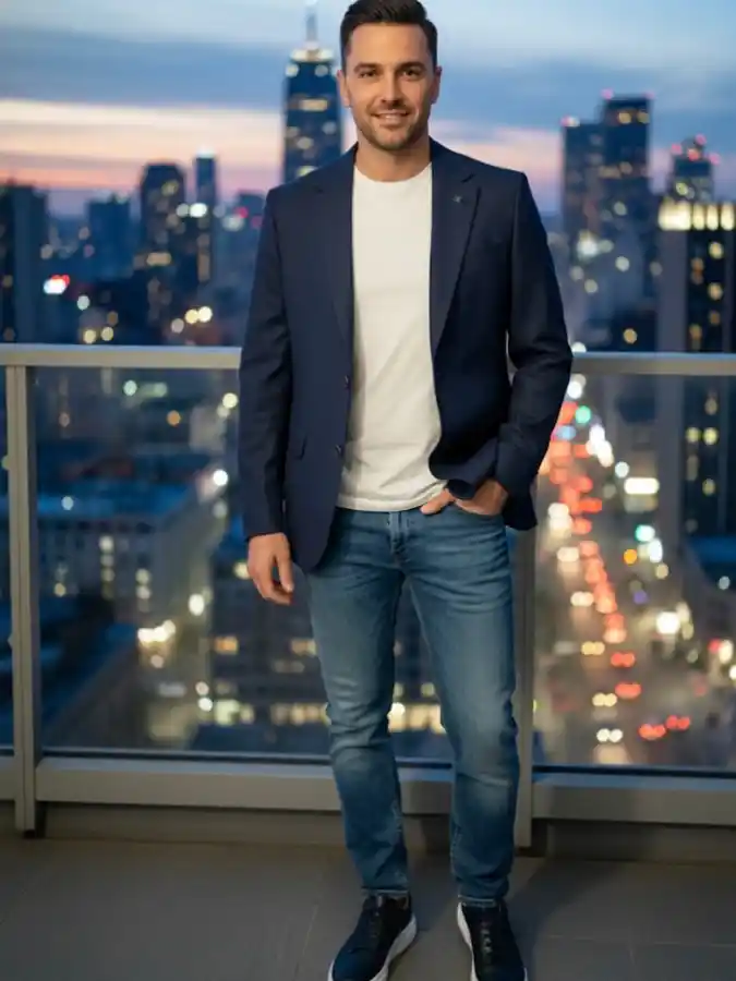 Navy Blazer & Denim Duo Navigating Modern Client Meetings