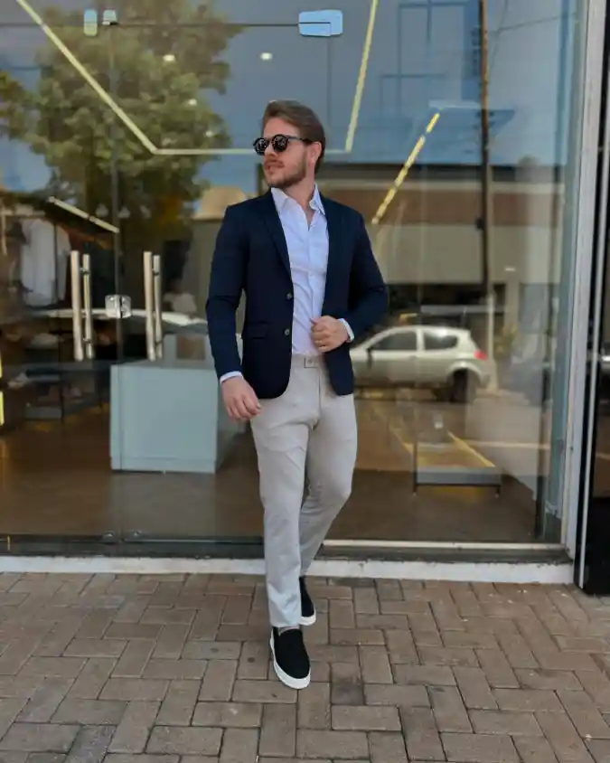 Navy Blue Unstructured Blazer & Oatmeal Trousers - Reimagining Modern Smart-Casual