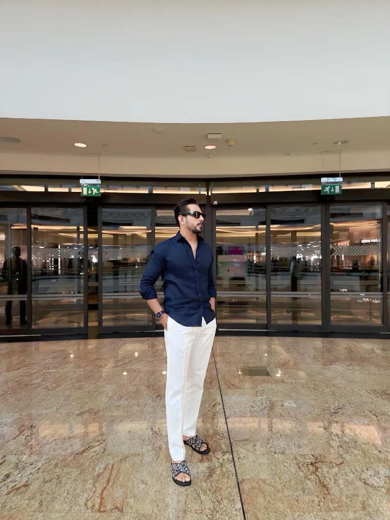 Navy Button-Down Shirt and Crisp White Trousers