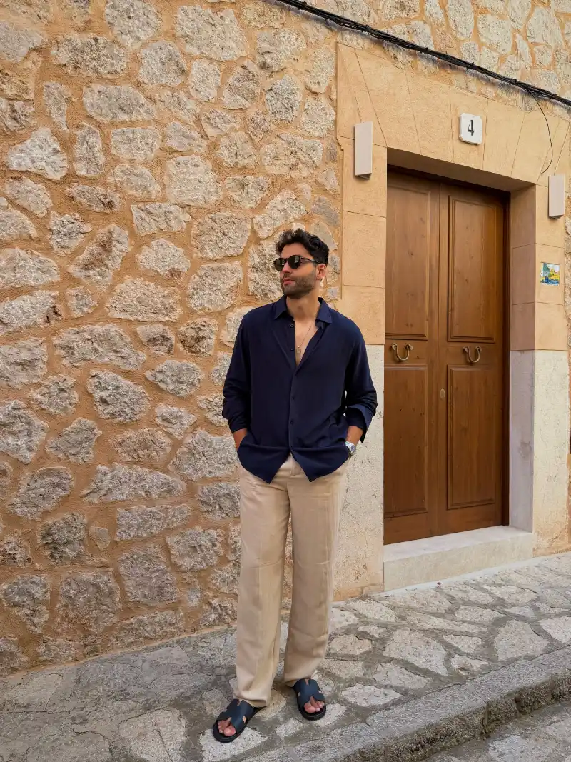 Navy Collared Shirt with Sand Trousers and Leather Sandals