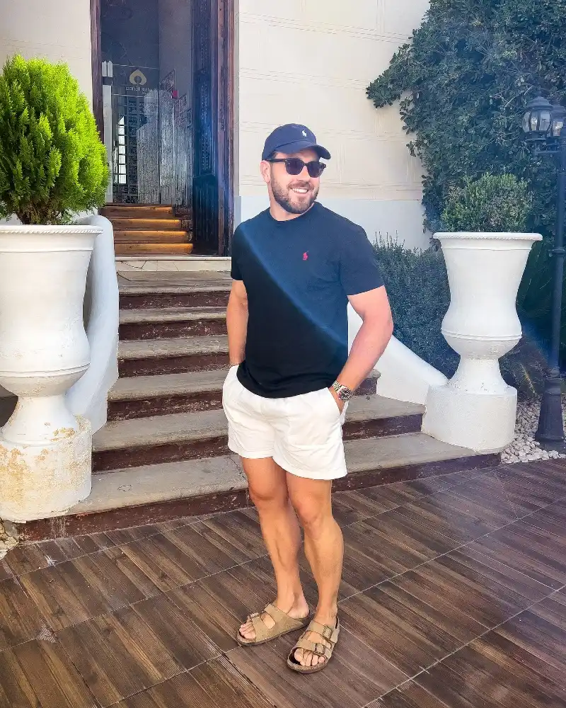 Navy Crewneck T-Shirt with White Shorts and Suede Sandals