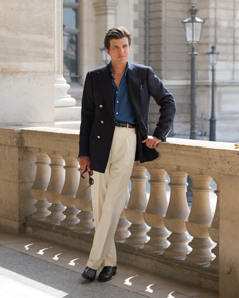 Navy Double-Breasted Blazer with Chambray Shirt and Pleated Cream Trousers