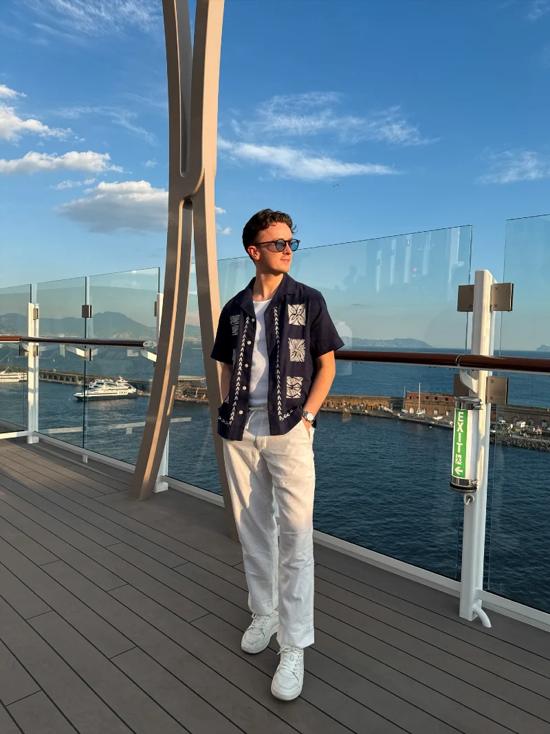 Navy Embroidered Camp Shirt with White Tank and Relaxed Trousers