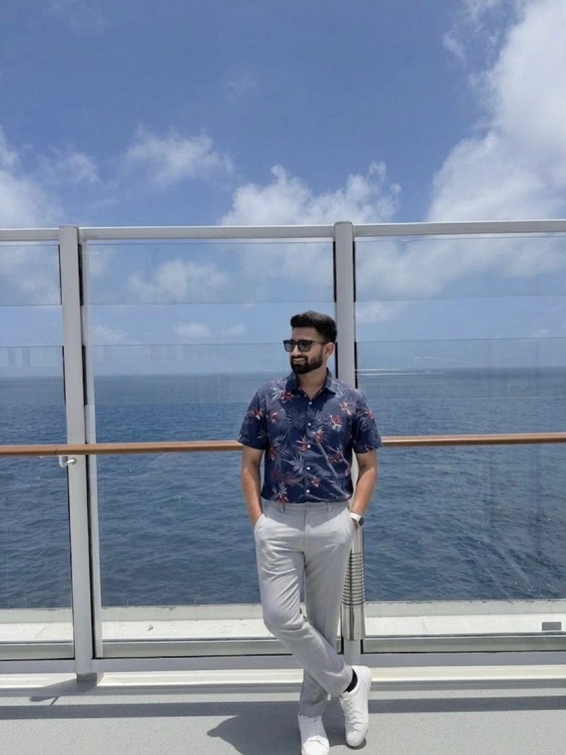 Navy Floral Short Sleeve Shirt with Light Grey Trousers