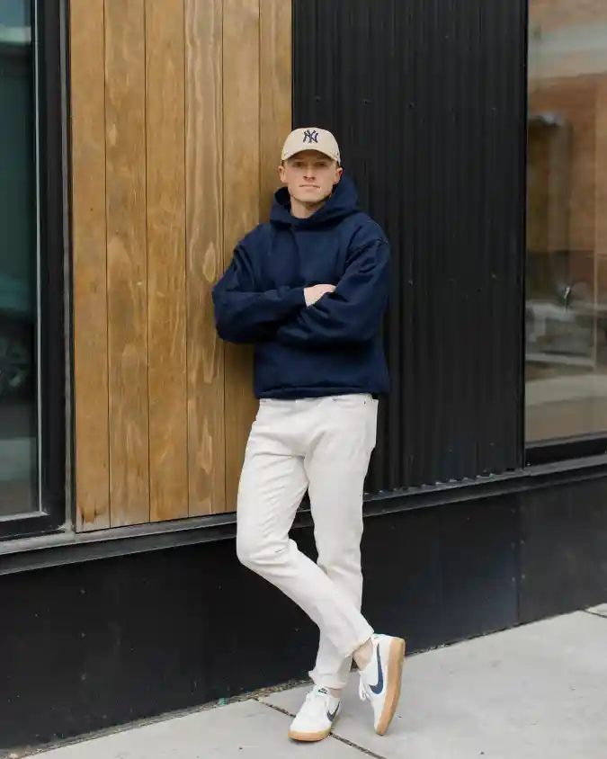 Navy Hoodie & Ecru Denim - Urban Minimalist Streetwear
