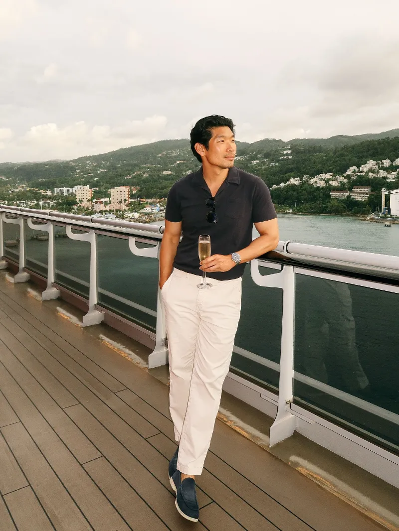 Navy Knit Polo with Cream Chinos and Suede Loafers