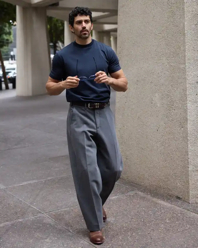 Navy Knit & Slate Wide-Leg Trousers - Smart-Casual Foundations for the Modern Dad Bod