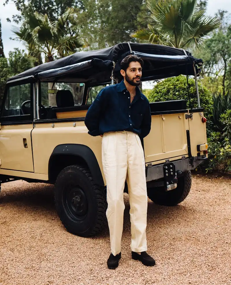 Navy Linen Shirt with Cream Trousers and Dark Suede Loafers