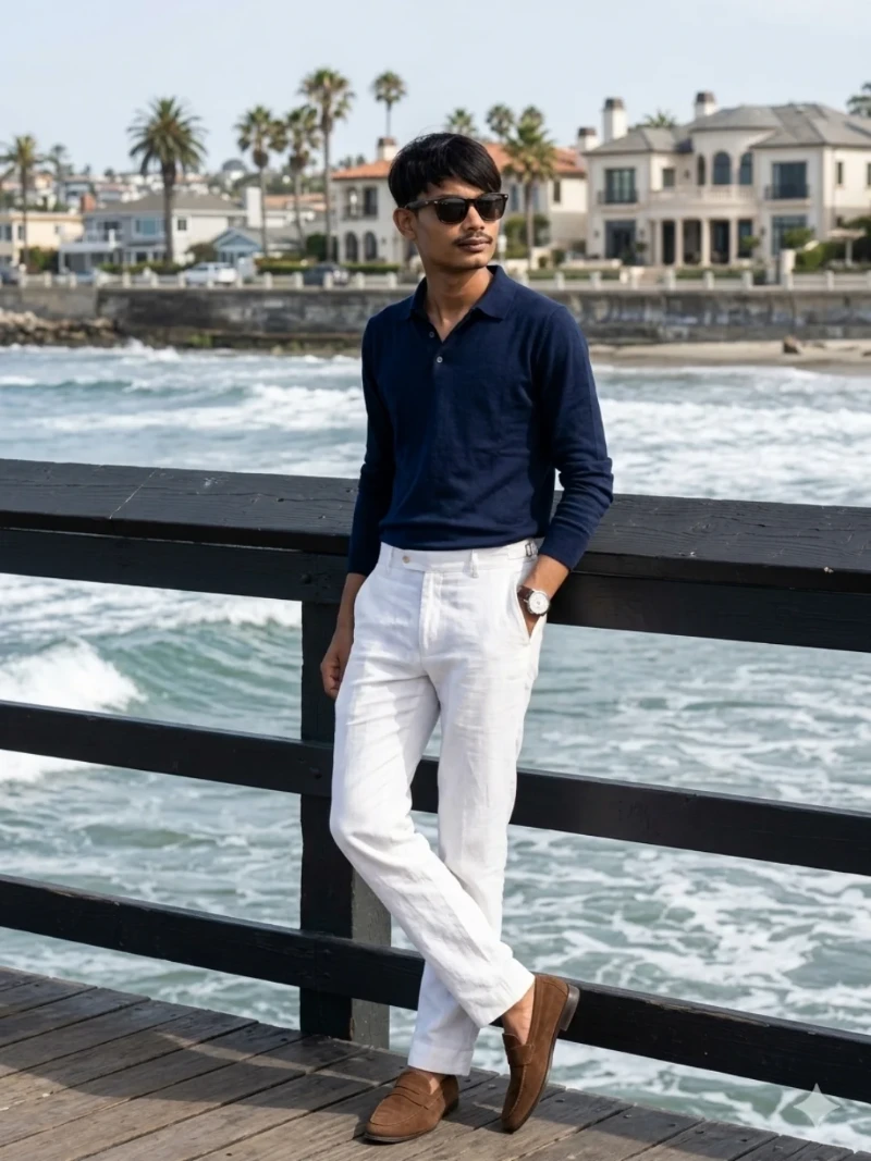Navy Long-Sleeve Knit Polo with White Linen Trousers
