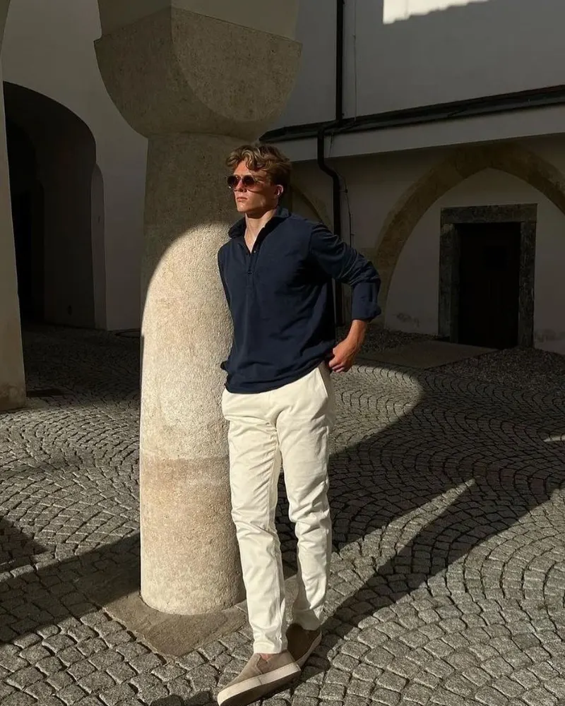 Navy Long Sleeve Polo with Cream Chinos and Suede Slip-Ons