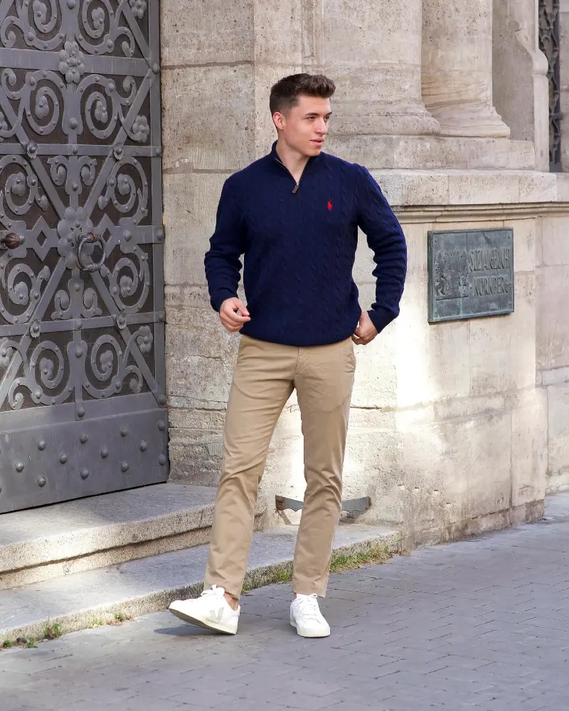 Navy Quarter-Zip Sweater with Khaki Chinos and White Sneakers