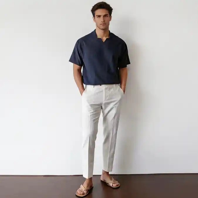Navy Resort Collar and Cream Trousers - Elevating Summer Sophistication