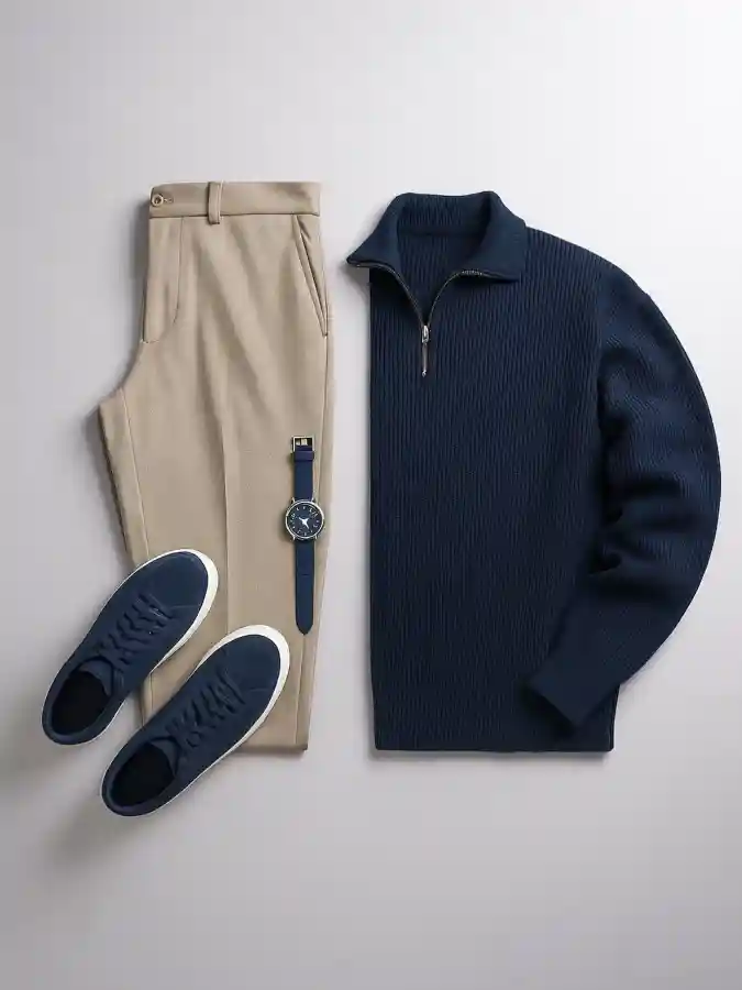 Navy Ribbed Quarter-Zip & Stone Trousers — Mastering the Hybrid Office