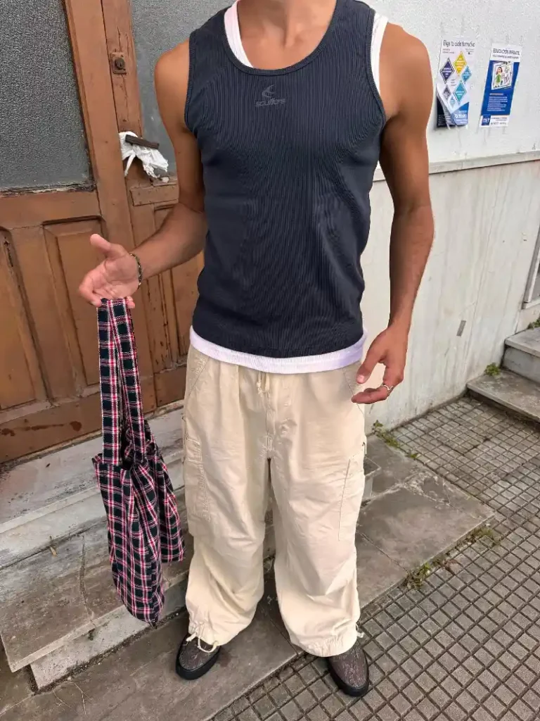 Navy Ribbed Tank & Cream Parachute Trousers – Intentional City Casual