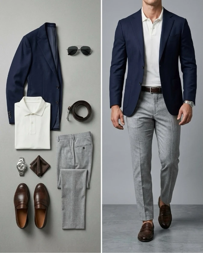 Navy Soft-Tailored Blazer and Grey Trousers – Breathable Smart-Casual Office Core