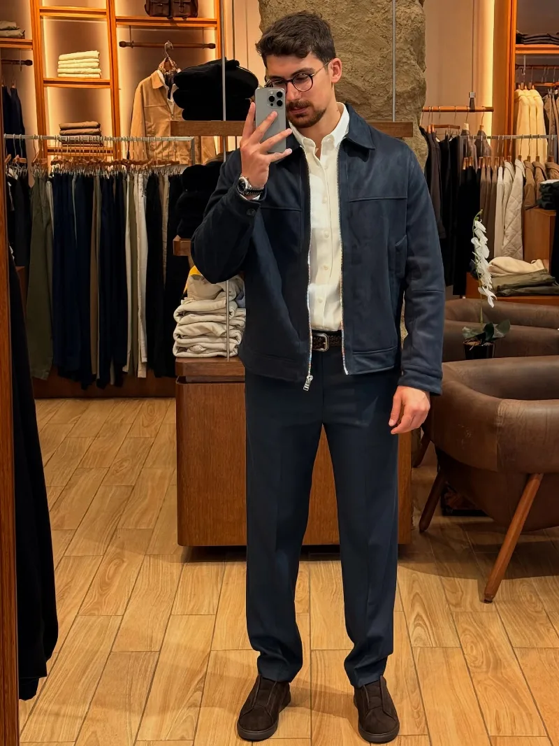 Navy Suede Zip-Up with Tailored Trousers and Suede Slip-Ons