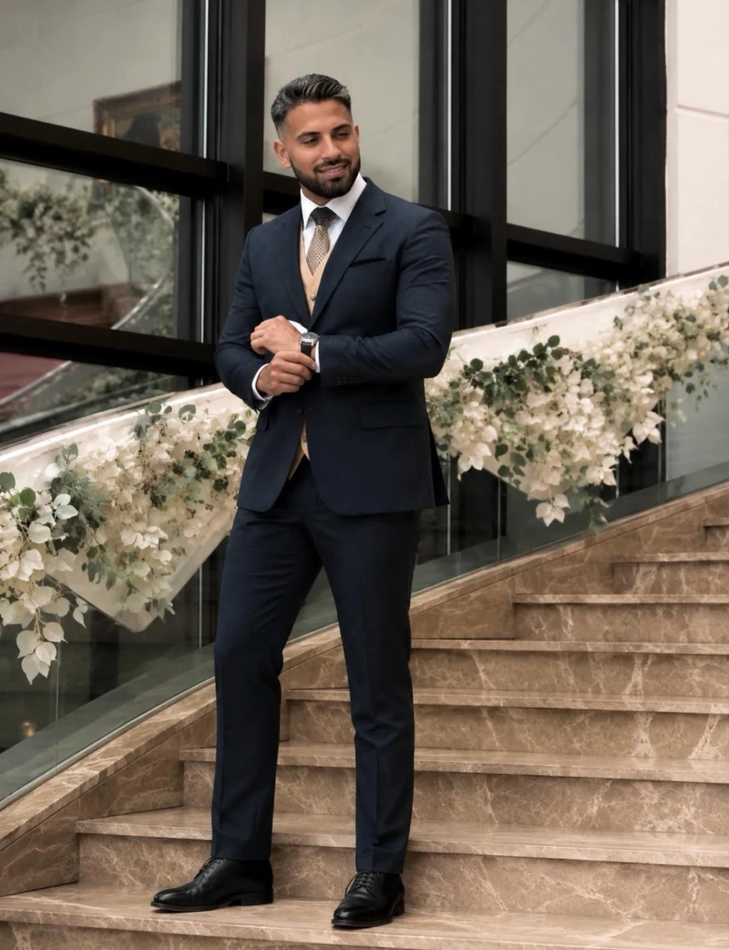 Navy Suit with Tan Waistcoat and Textured Tie
