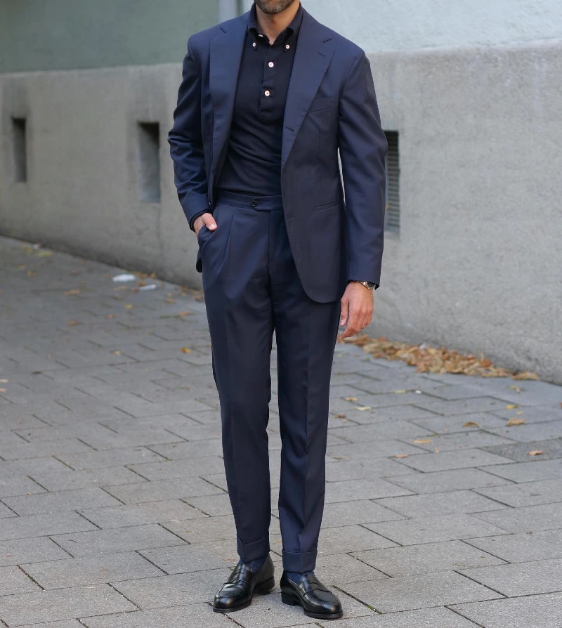Navy Tailored Suit with Knit Polo and Black Loafers