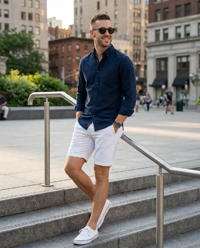 Navy Textured Tailored Daywear - Elevating Men's Shorts Outfits