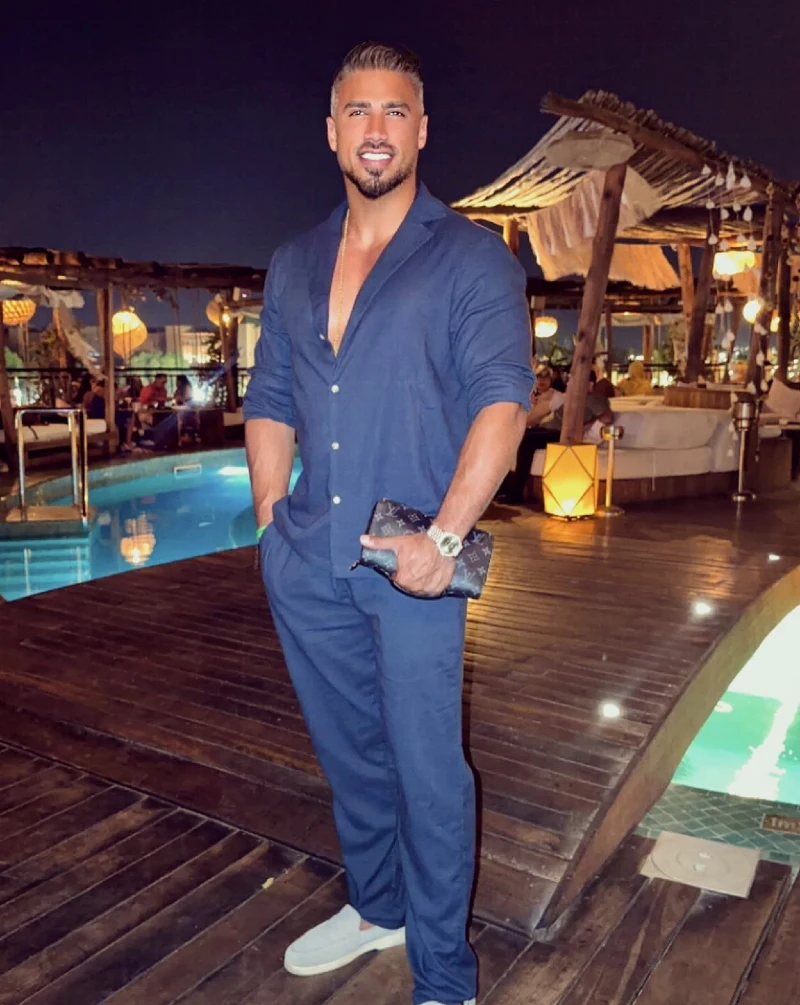 Navy Two-Piece Lounge Set with Unbuttoned Shirt and Off-White Loafers
