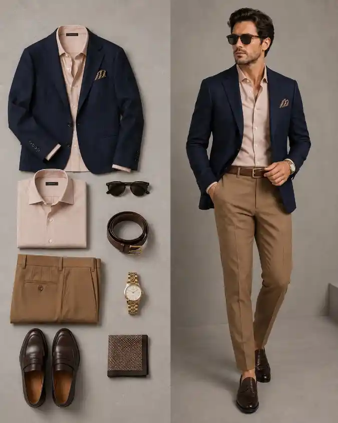Navy Unstructured Blazer & Earth-Tone Trousers - Navigating the Modern Job Interview in Heat