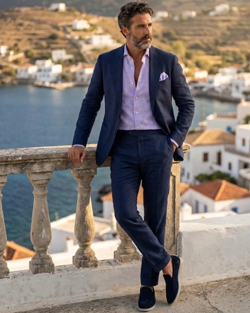 Navy Unstructured Suit with Lilac Shirt and Suede Loafers