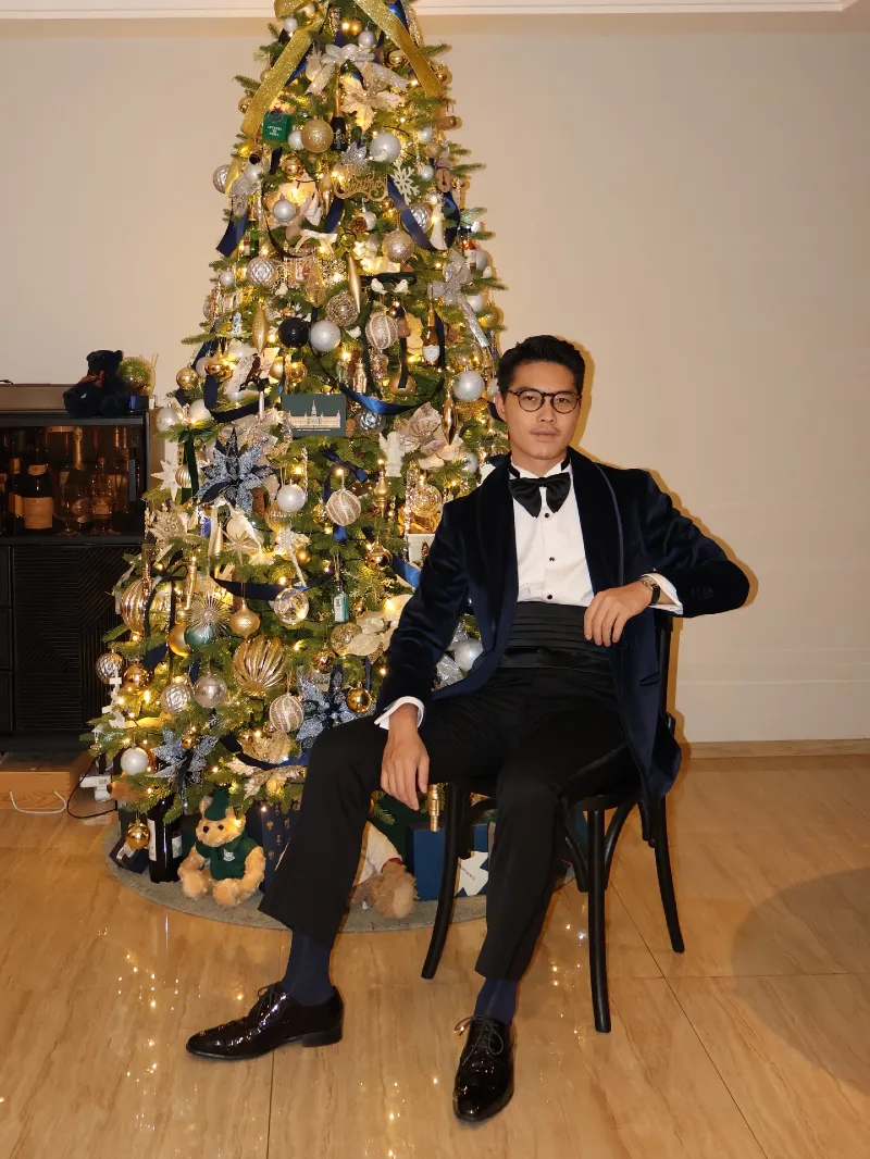 Navy Velvet Dinner Jacket with Black Bow Tie and Cummerbund