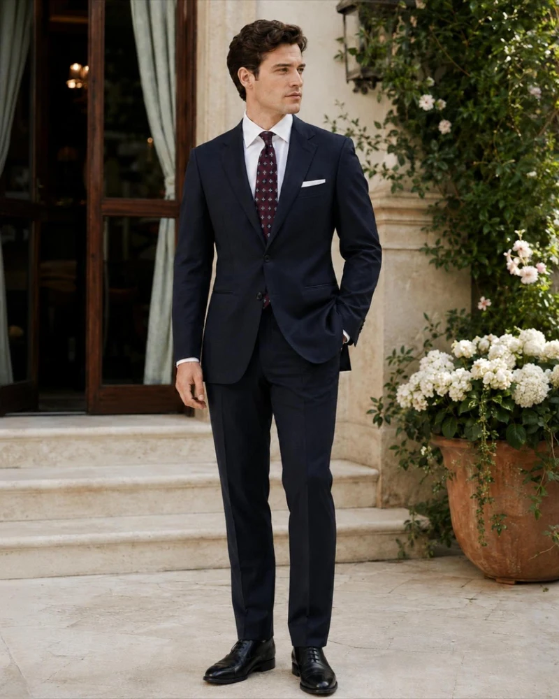 Navy Worsted Suit with Burgundy Tie and Black Oxfords