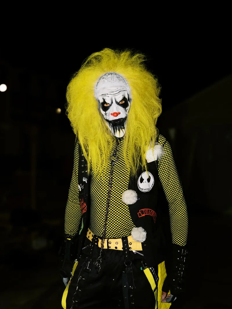 Neon Yellow Mesh Top with Patch Vest and Punk Clown Makeup
