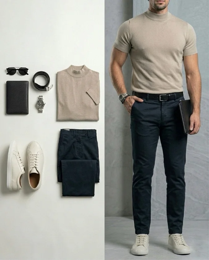 Oatmeal Knit & Navy Chinos - The Hybrid Office Grid