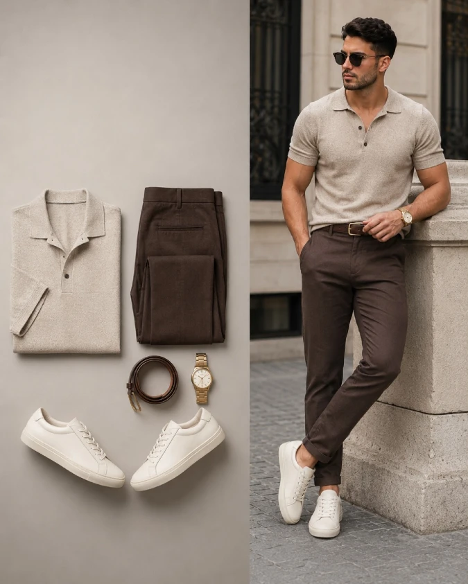Oatmeal Knitted Polo and Rich Brown Trousers