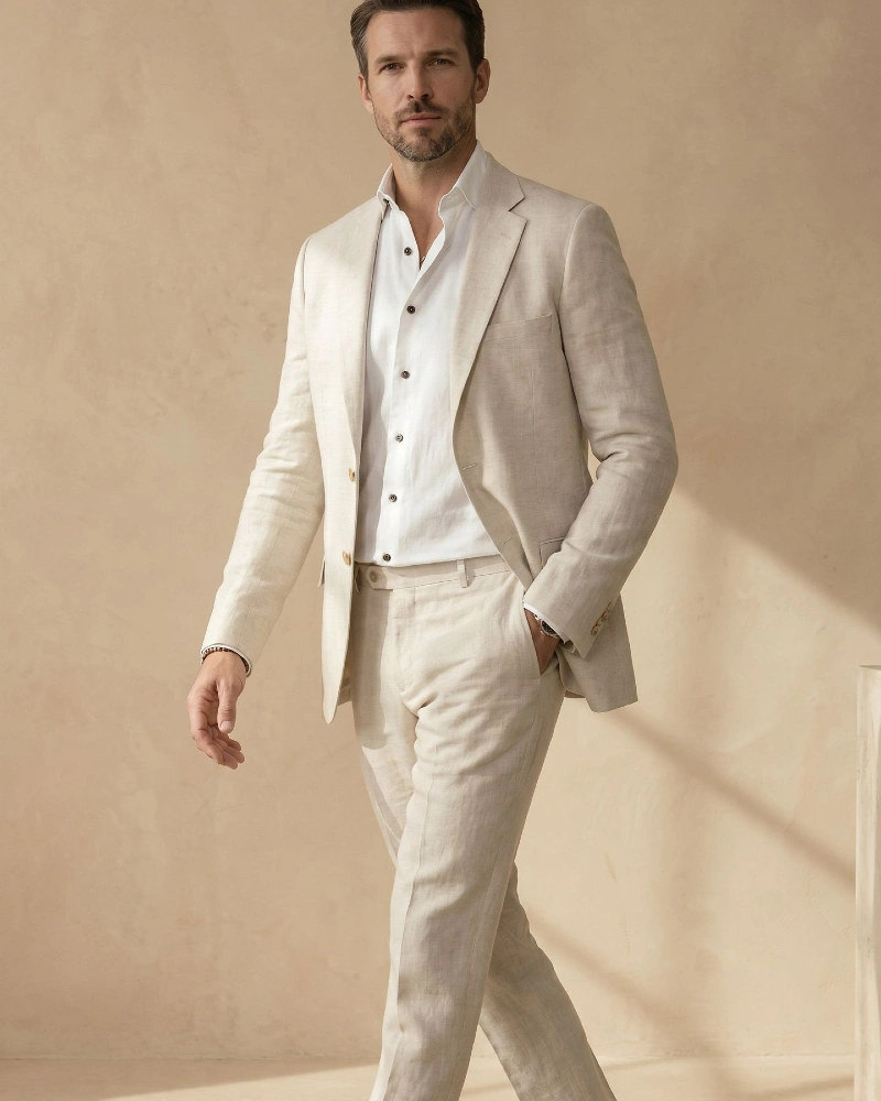 Oatmeal Linen Suit with Dark Button White Shirt