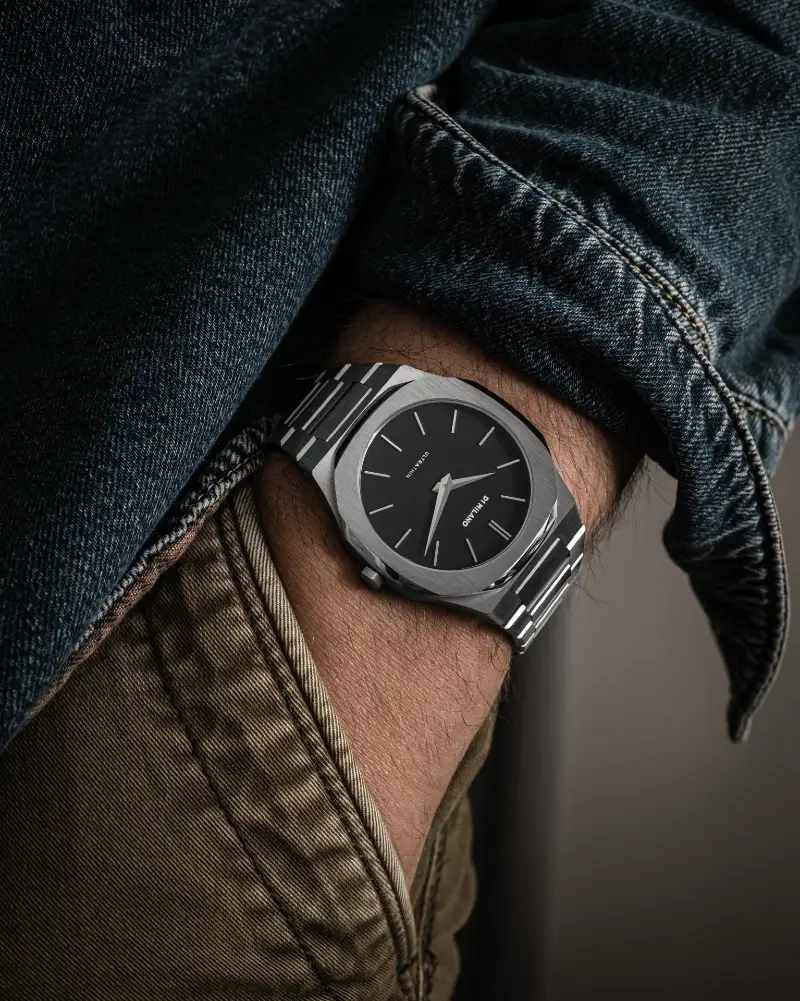 Octagonal Brushed Steel Watch with Black Dial and Blue Denim Jacket