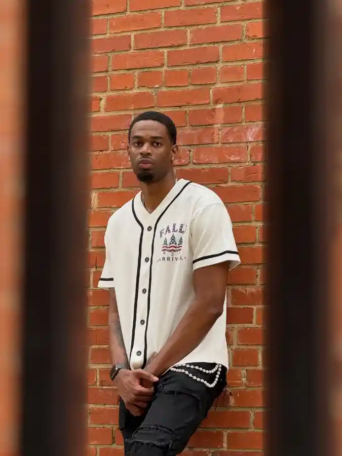 Off-White Baseball Jersey with Subtle Patriotism—Elevated Sportswear for 4th of July Weekend Travel