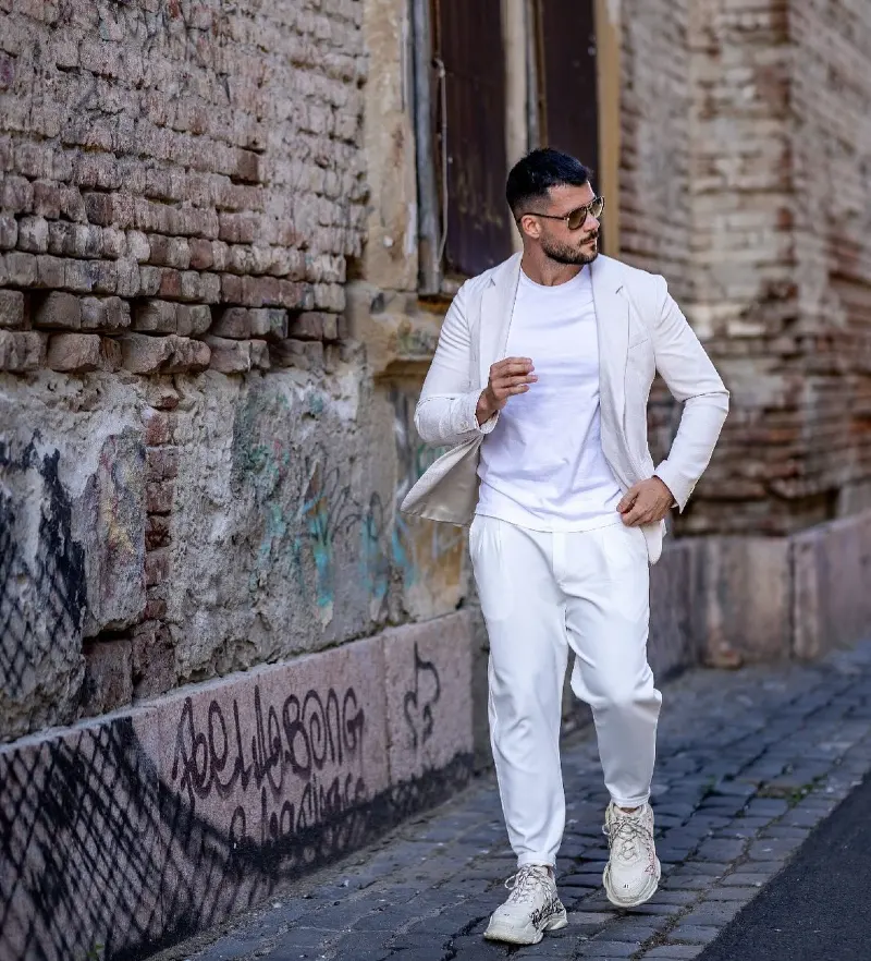 Off-White Unstructured Blazer with Tapered Joggers and Chunky Sneakers