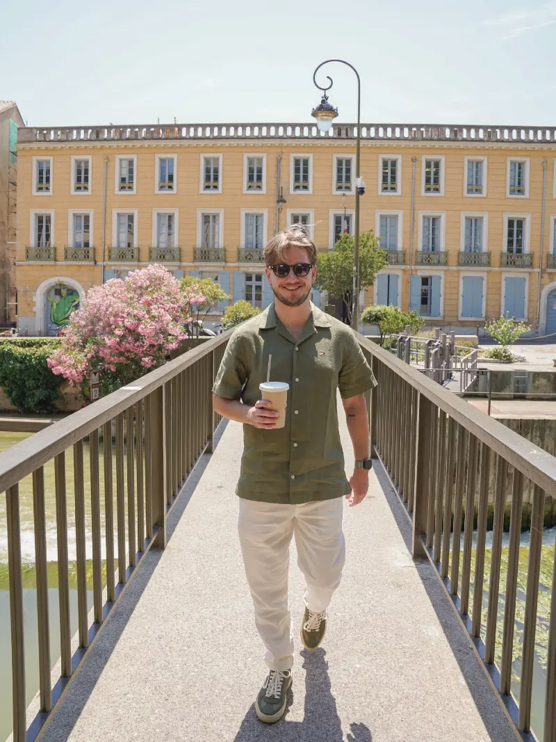 Olive Camp Collar Shirt with White Trousers and Matching Sneakers