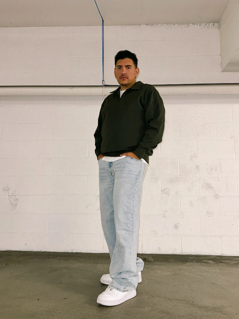 Olive Collared Sweatshirt with Bleached Baggy Jeans and White Sneakers