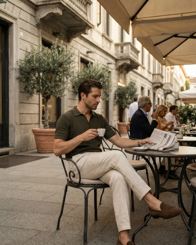 Olive & Cream Relaxed Knits + Resort Wear - Elevating Summer Loafer Outfits for Men That Are Effortlessly Sophisticated