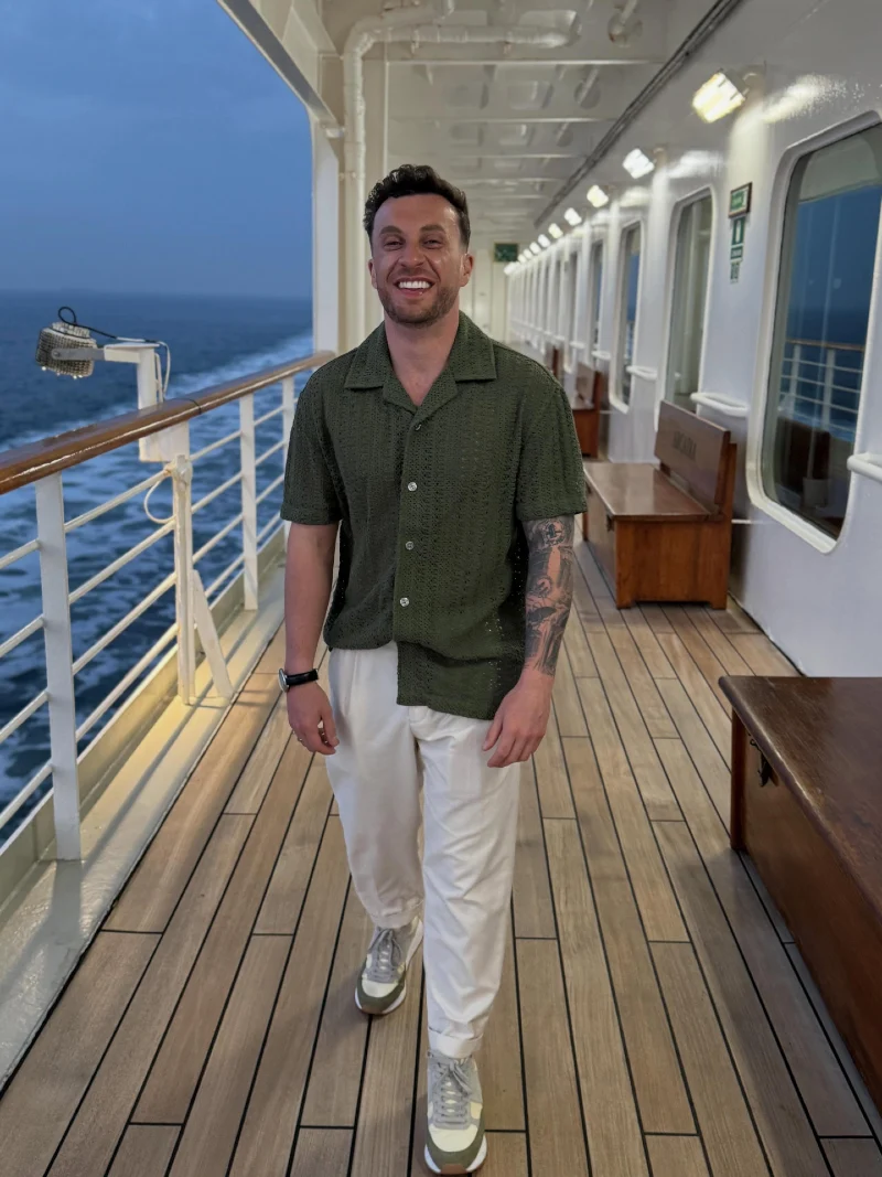 Olive Crochet Camp Shirt with White Trousers and Two-Tone Sneakers