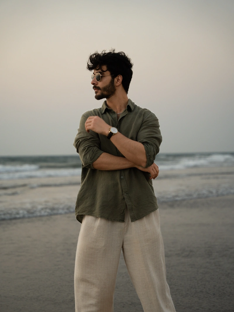 Olive Green Linen Shirt with Textured Beige Trousers