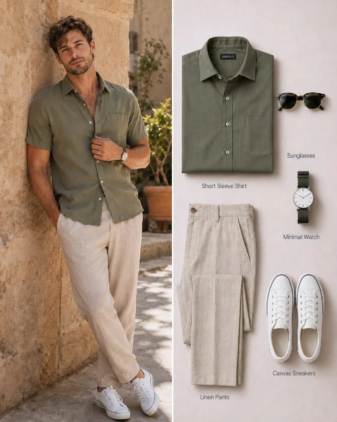 Olive Green Relaxed Linen Combination - Breezy Office Core