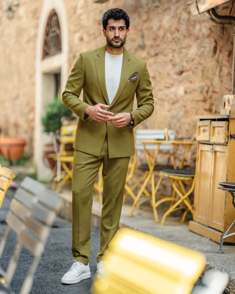 Olive Green Suit with Ribbed White T-Shirt and Chunky Sneakers