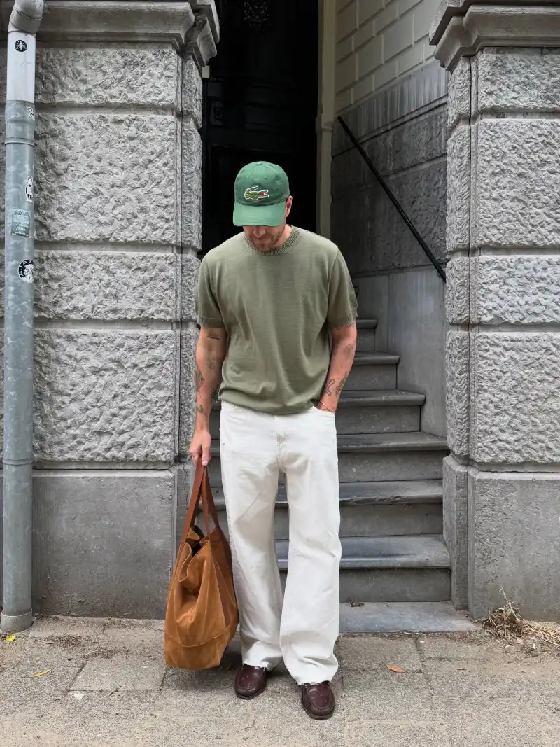Olive Knit T-Shirt with White Wide-Leg Denim and Suede Tote