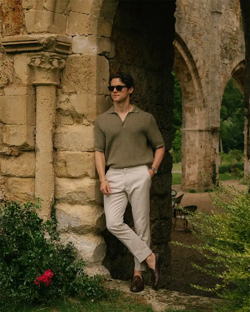 Olive Knitted Polo with Light Stone Trousers and Tassel Loafers