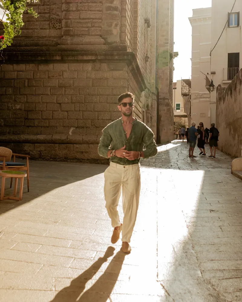Olive Linen Band-Collar Shirt with Cream Pleated Trousers