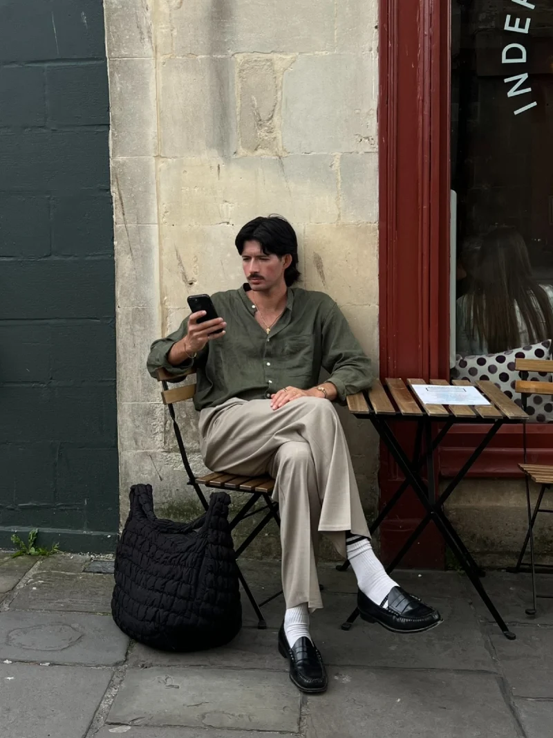 Olive Linen Shirt with Beige Trousers and Black Loafers