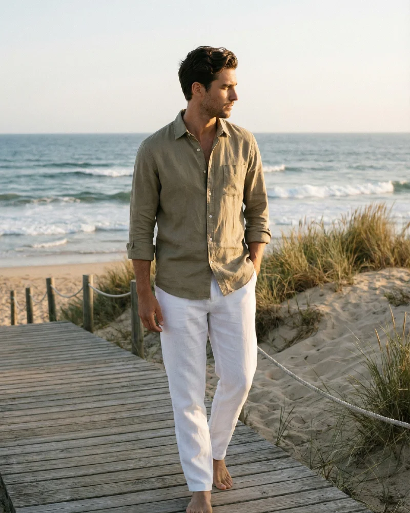 Olive Linen Shirt with White Linen Trousers