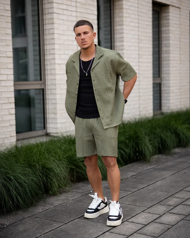 Olive Pleated Shirt and Shorts Set with Black Tank Top