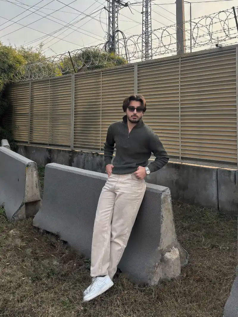 Olive Ribbed Half-Zip Sweater with Beige Jeans and White Sneakers