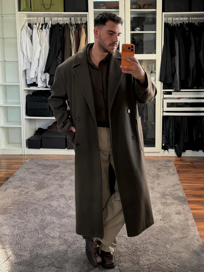 Olive Wool Overcoat with Olive Shirt, Beige Trousers, and Square-Toe Loafers